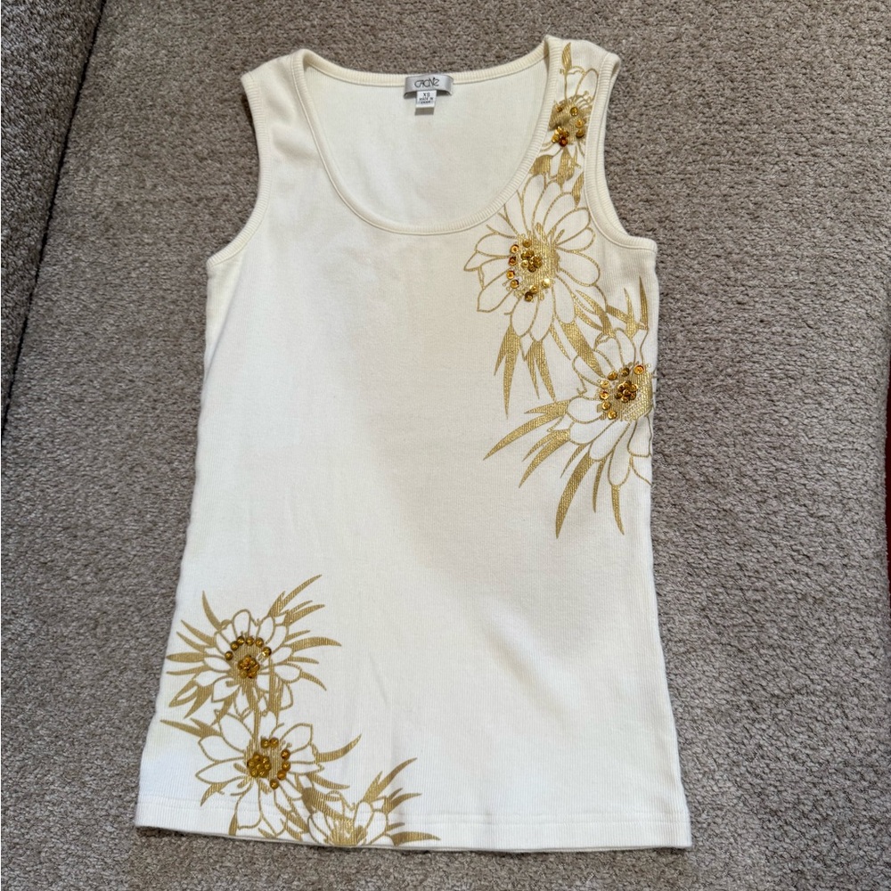 Cache White and Gold Fitted Graphic  Top